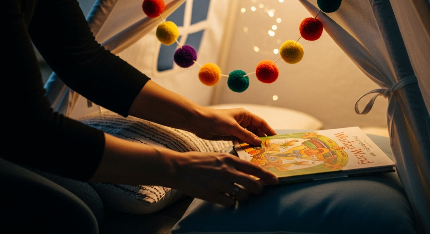 Уютная палатка для уголка уединения с гирляндой и книгой
